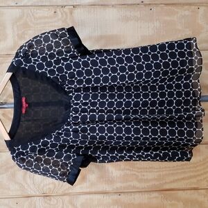 Designer Silk Black White Geo Short Sleeve Blouse Top Size L